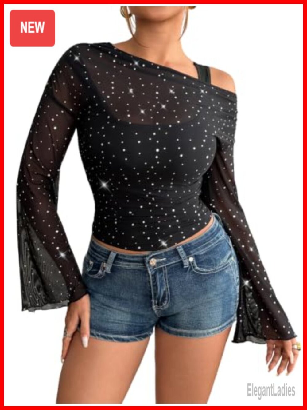 Women's Sequin Mesh Bell Sleeve Asymmetrical Crop Top